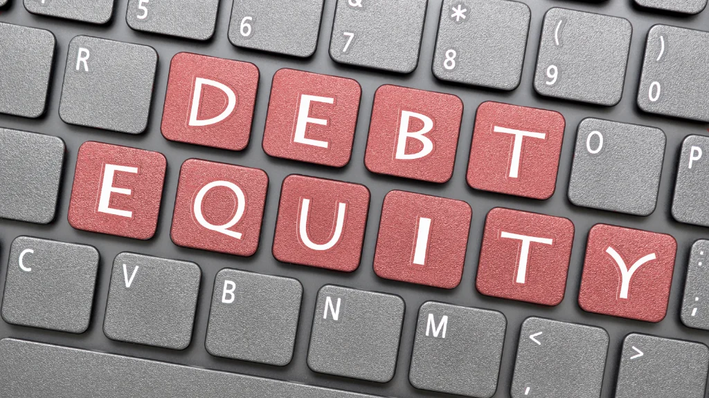 Business owner comparing equity and debt mutual fund lending options on a financial dashboard.